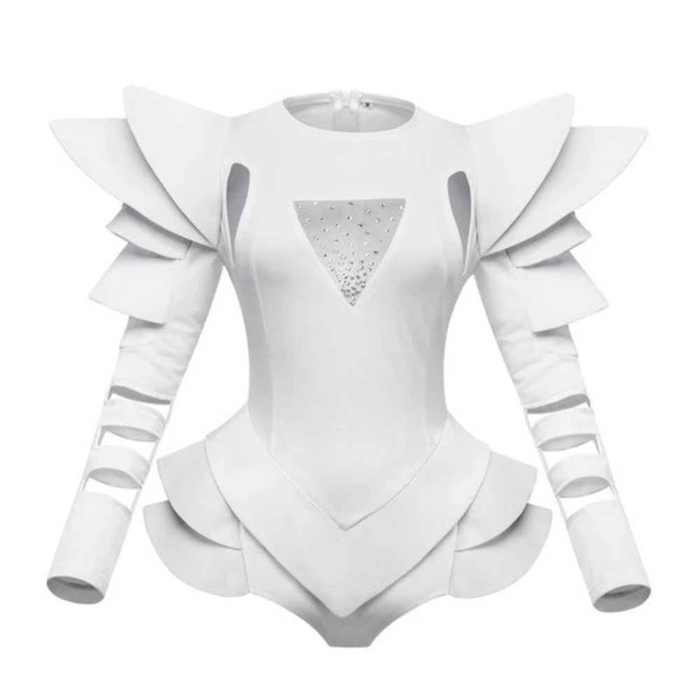 White SciFi Bodysuit Festival Outfit Geometric Lady Gaga Costume